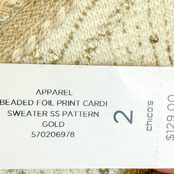 Chico's Beaded Foil-Print Cardigan Women's Size 2 L/12 Gold NEW with tag - Picture 11 of 13